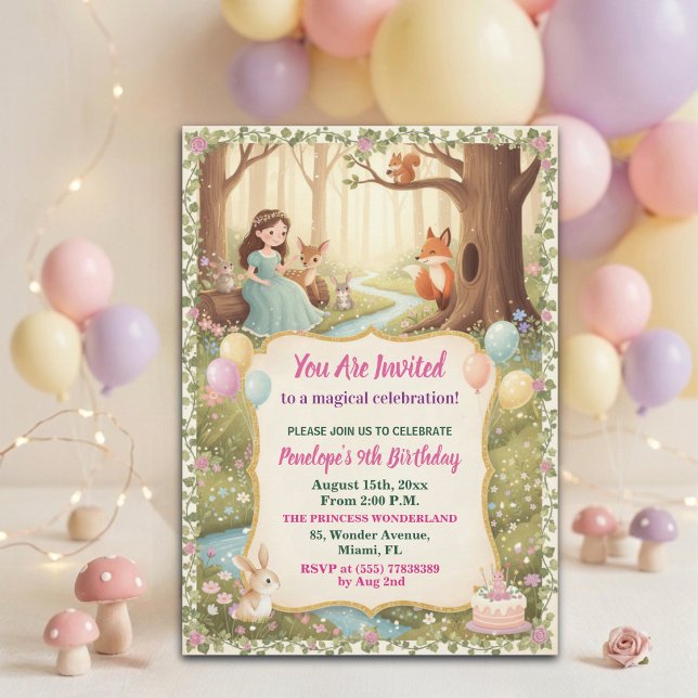 Princess with Forest Animals 9th Birthday Party Invitation (Creator Uploaded)
