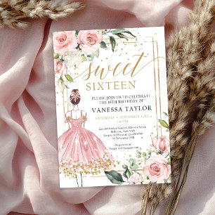 Princess with pink dress blush floral gold frame  invitation