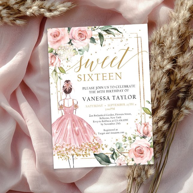 Princess with pink dress blush floral gold frame  invitation (Princess with pink dress blush floral gold frame invitation)
