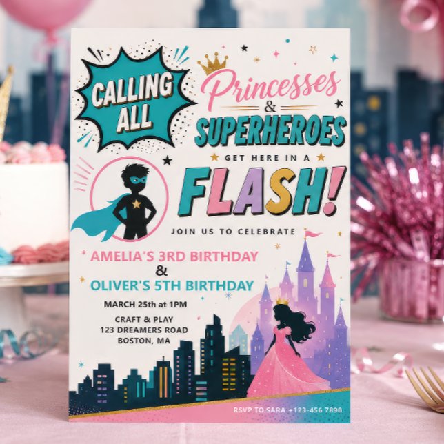 Princesses & Superheroes Joint Birthday Invitation (Creator Uploaded)