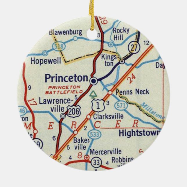 Princeton NJ Retro Map Ceramic Tree Decoration (Back)