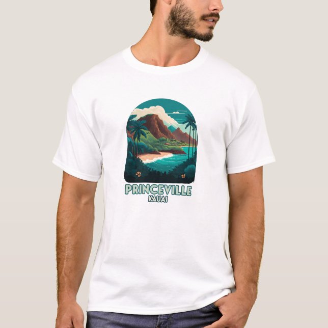 Princeville Kauai Hawaii Beach Mountains Retro T-Shirt (Front)