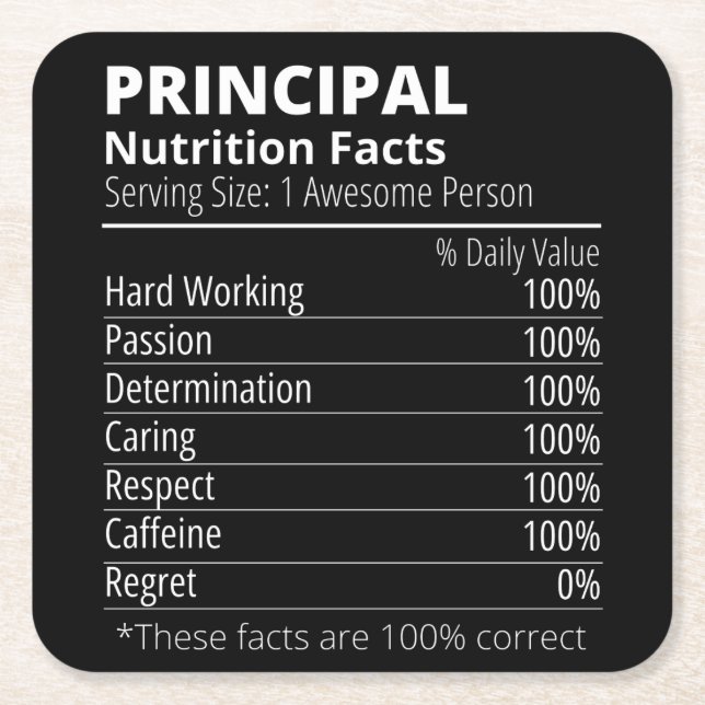 Principal Nutrition Facts Funny Square Paper Coaster (Front)