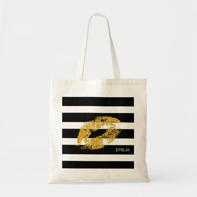 Print Of Gold Lips And Stripes Tote Bag (Front)