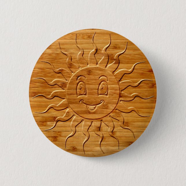 Print Of Smiling Sun Face Carved In Wood 6 Cm Round Badge (Front)