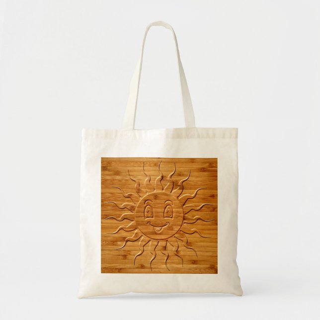 Print Of Smiling Sun Face Carved In Wood Tote Bag (Front)