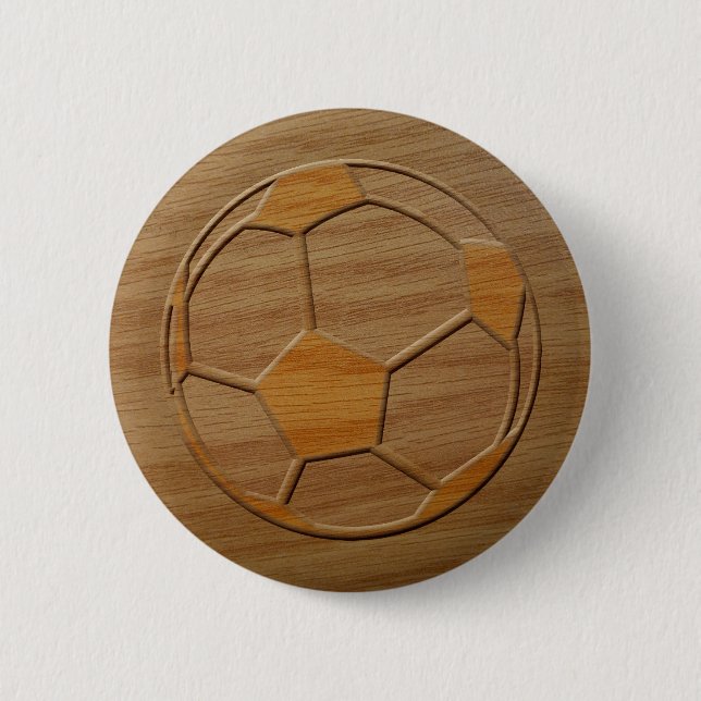 Print Of Soccer Ball Carved In Wood 6 Cm Round Badge (Front)