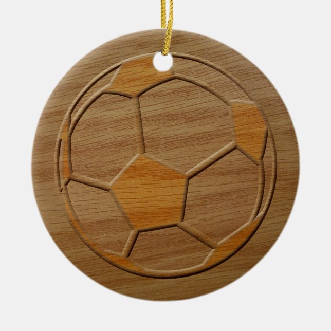 Print Of Soccer Ball Carved In Wood Ceramic Tree Decoration (Front)