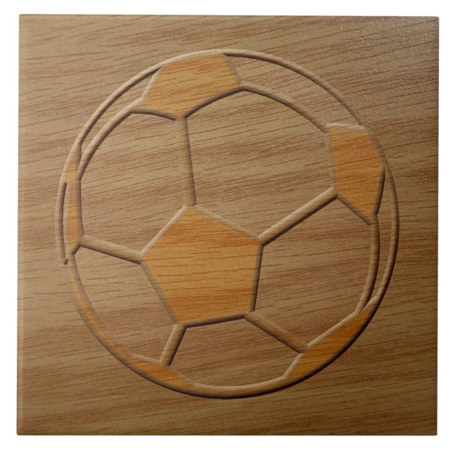 Print Of Soccer Ball Carved In Wood Tile (Front)