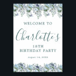 Printable 18th Birthday Blue Floral Welcome Poster<br><div class="desc">Welcome your guests with this elegant sign. Pretty dusty blue roses,  peonies and wildflowers decorate the top and border. A classic and easy-to-read font combination takes only minutes to personalise.</div>