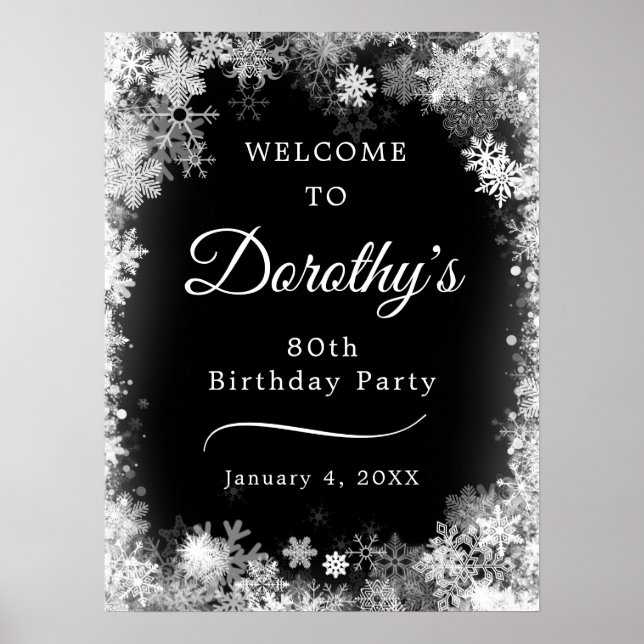Printable 80th Birthday Snowflake Black Welcome Poster (Front)