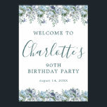 Printable 90th Birthday Blue Floral Welcome Poster<br><div class="desc">Welcome your guests with this elegant sign. Pretty dusty blue roses,  peonies and wildflowers decorate the top and border. A classic and easy-to-read font combination takes only minutes to personalise.</div>