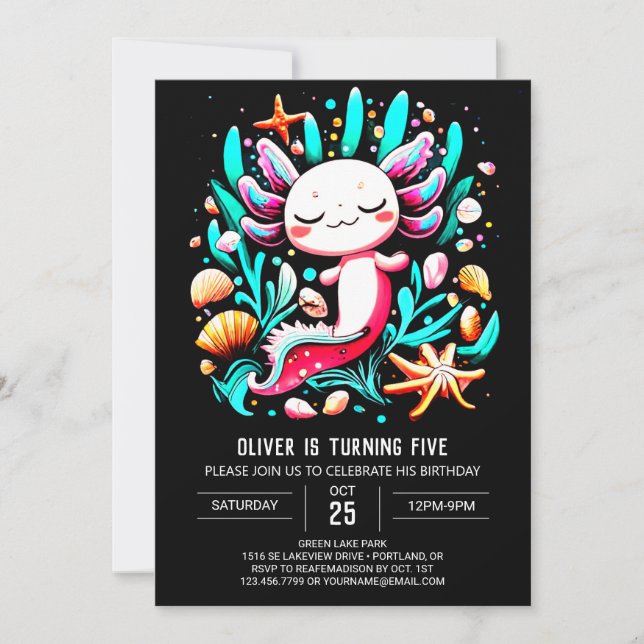 Printable Axolotl Colourful Birthday Invitation (Front)