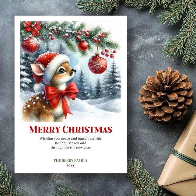 Printable Baby Deer Christmas Scene Watercolor  Holiday Card (Printable Baby Deer Christmas Scene Watercolor Greeting Card

)