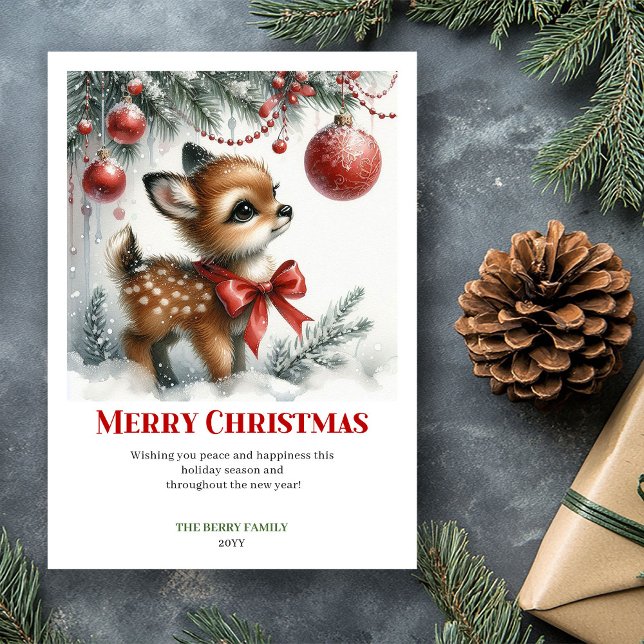 Printable Baby Fawn Christmas Scene Watercolor  Holiday Card (Sweet baby deer winter scene snowy forest greeting card)