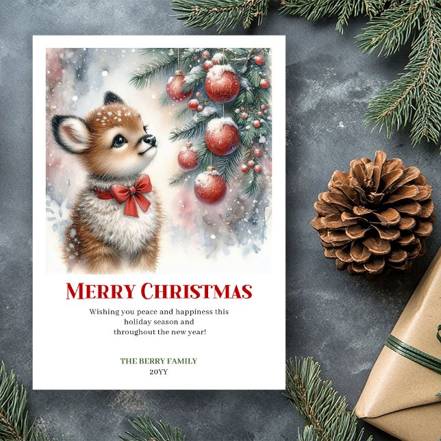 Printable Baby Fawn Christmas Scene Watercolor  Holiday Card (Printable Baby Fawn Christmas Scene Watercolor Greeting Card

)