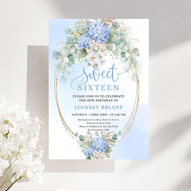 Printable Blue Floral Gold Sweet Sixteen Party Invitation (Printable Blue Floral Gold Sweet Sixteen Party Invitation)