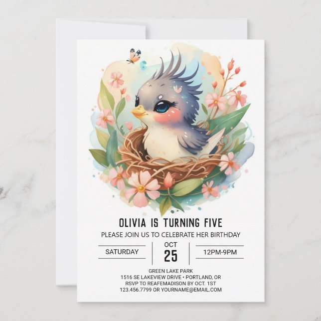  Printable Children Bird Birthday  Invitation (Front)