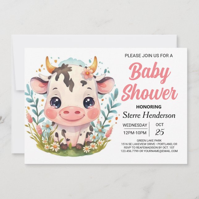 Printable Cute Barn Cow Baby Shower Invitation (Front)
