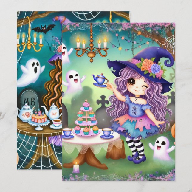 Printable Cute Whimsical Witch Halloween Tea Party Invitation (Front/Back)
