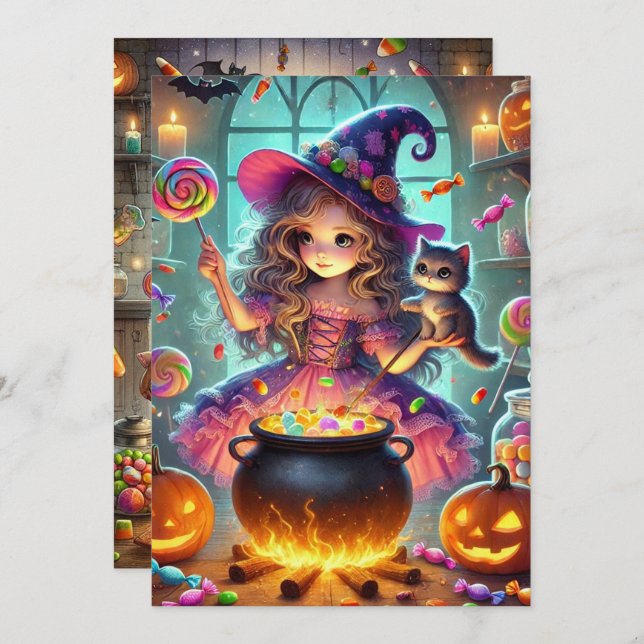 Printable Cute Whimsical Witch Halloween Treats Invitation (Front/Back)