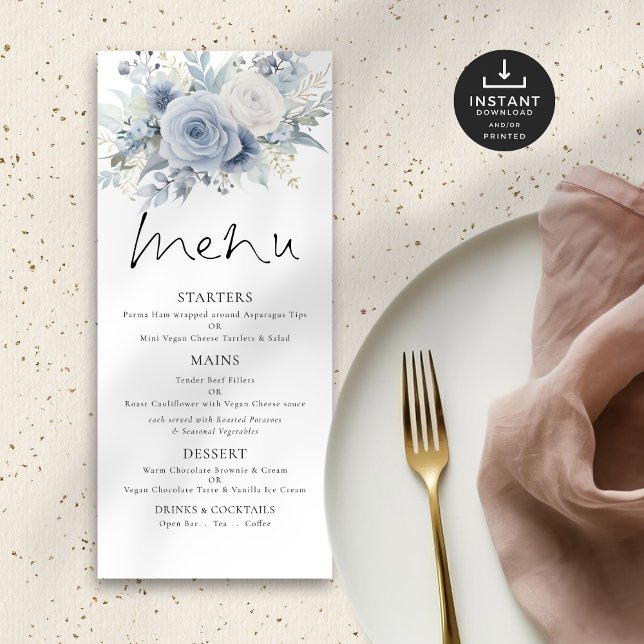 Printable Dusty Blue Florals Wedding Menu (Creator Uploaded)