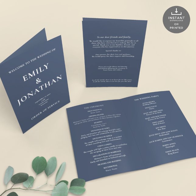 Printable Dusty Navy Church Folded Wedding Program Card (Views of front and back and inside)