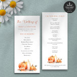 Printable Fall Pumpkins Candle Wedding Program Card<br><div class="desc">Printable Fall Pumpkins Pumpkins Wedding Program. Available digitally and printed. A minimalist design with pumpkins and a burning candle in the colours of fall,  orange,  brown and cream with a set script for The Wedding of. The rest of the text on both sides can be easily personalised.</div>