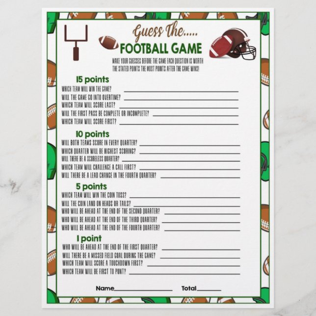 Printable Football Guessing Game Idea For Kids Custom Letterhead (Front)