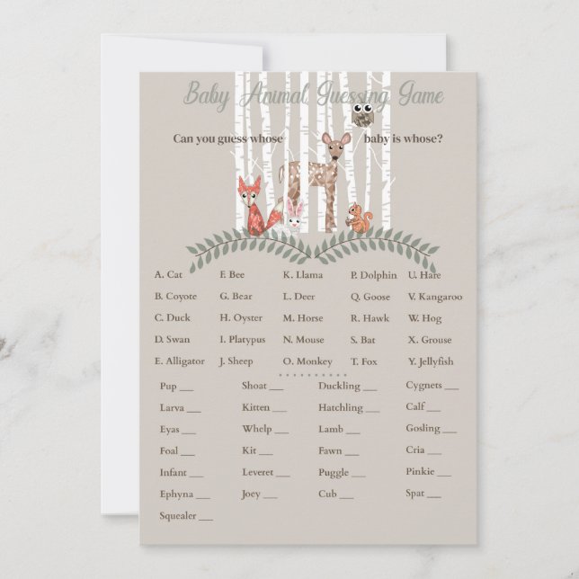 Printable Game! For Woodland Creatures Baby Shower Invitation (Front)