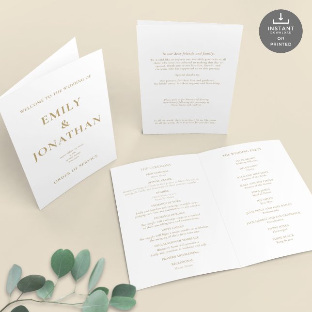 Printable Gold Text Church Folded Wedding Program Card (Views of front and back and inside)