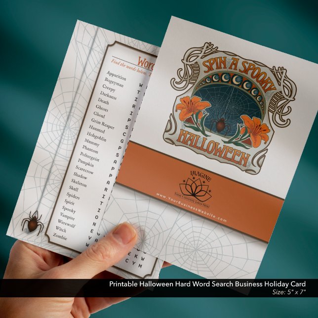 Printable Halloween Hard Word Search Business Holiday Card (Halloween Business Freebie Giveaway Holiday Card with Logo and Website–Difficult Word Search )