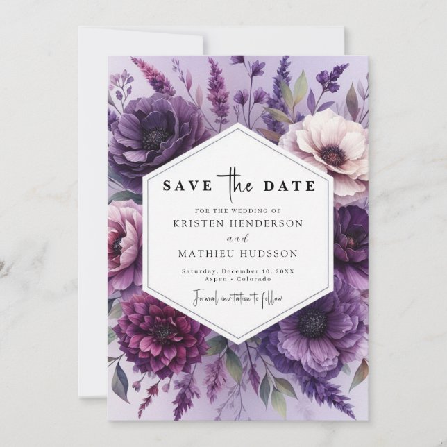 Printable Minimalist Purple Floral Wedding Save The Date (Front)