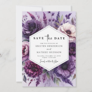 Printable Minimalist Purple Floral Wedding Save The Date