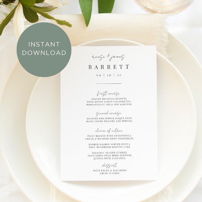 Printable Modern Minimal Script Wedding Menu Card (Creator Uploaded)