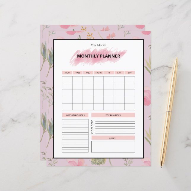 Printable Monthly Planner Template (Front/Back In Situ)