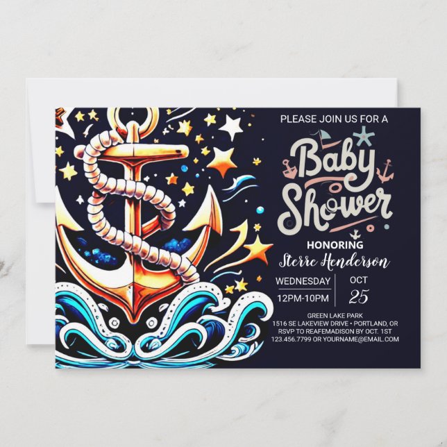 Printable Nautical Waves Blue Baby Shower Invitation (Front)
