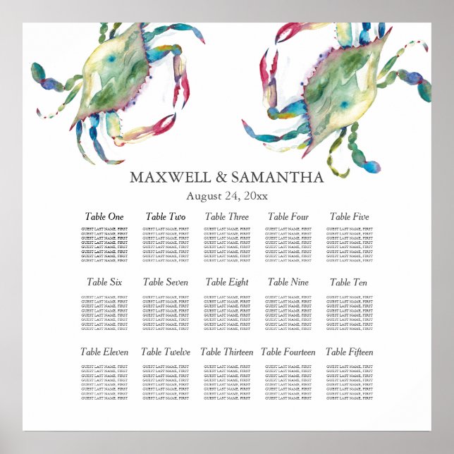 Printable or Printed Watercolor Crab Seating Chart (Front)