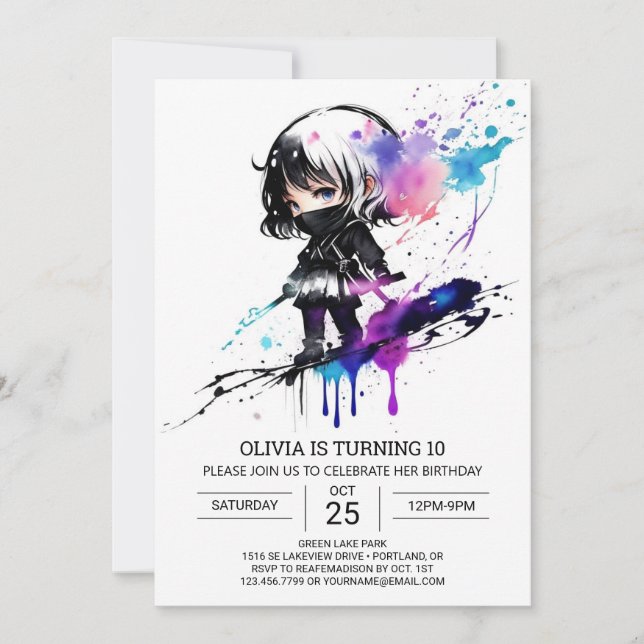 Printable Pastel Ninja Girl Birthday Invitation (Front)