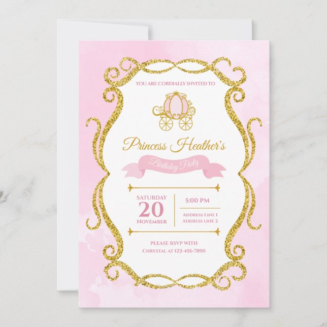 Printable Pink and Gold Glitter Princess Invitatio Invitation (Front)