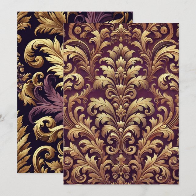 Printable Purple and Gold Victorian Damask Pattern Invitation (Front/Back)
