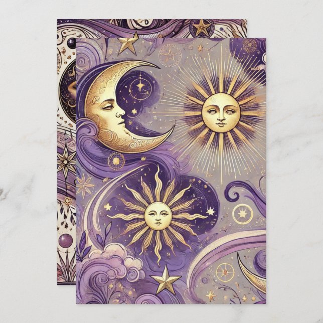 Printable Purple & Gold Boho Celestial Sun & Moon Invitation (Front/Back)