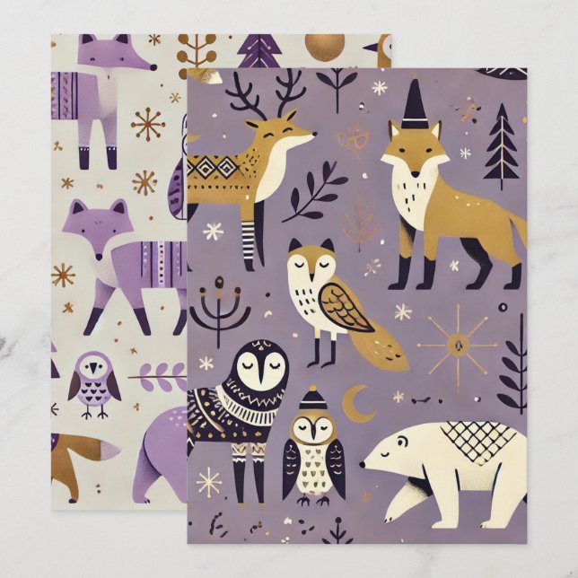 Printable Purple & Gold Scandinavian Animals Invitation (Front/Back)