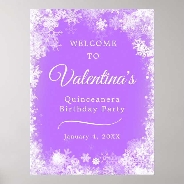 Printable Quinceanera Snowflake Purple Welcome Poster (Front)