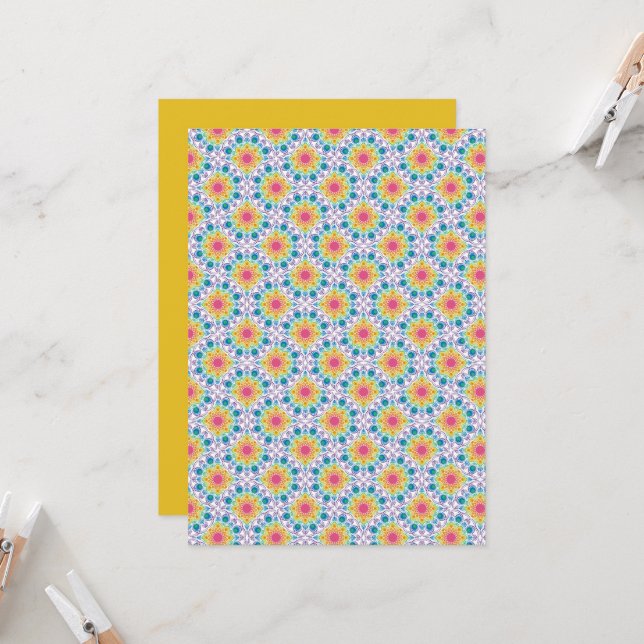 Printable Rainbow Floral Deco Fans Scrapbook Paper Invitation (Front/Back In Situ)