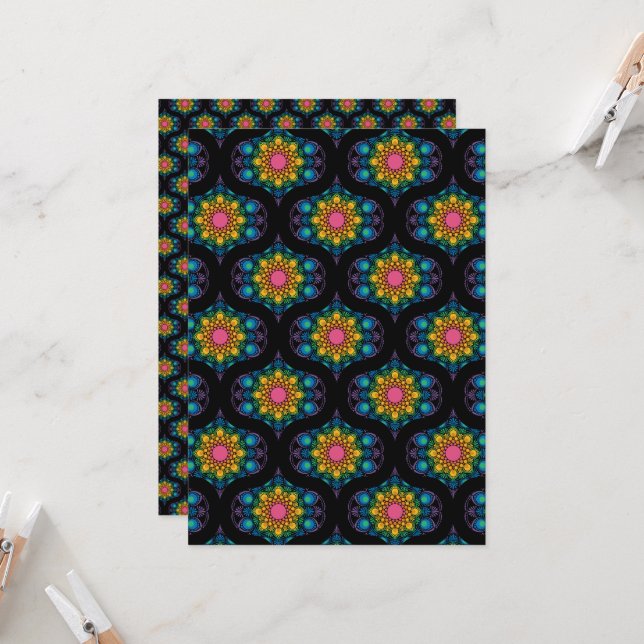 Printable Rainbow Mandala Retro Scrapbook Paper Invitation (Front/Back In Situ)