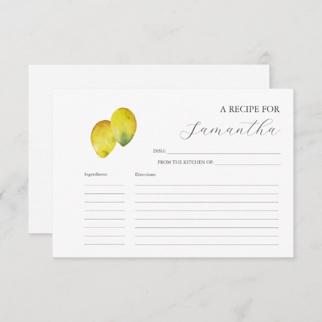 Printable Recipe Cards Watercolor Lemons (Front/Back)