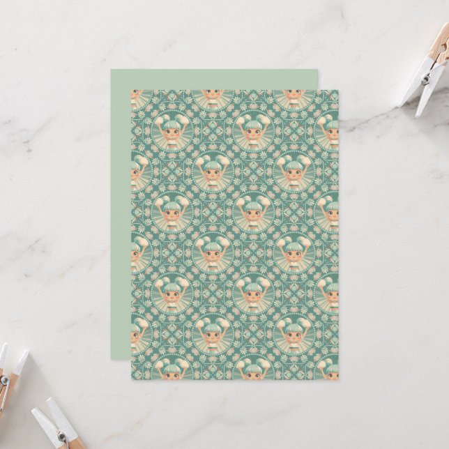 Printable Retro Sage Sand Cheerleader Mandala Tile Invitation (Front/Back In Situ)