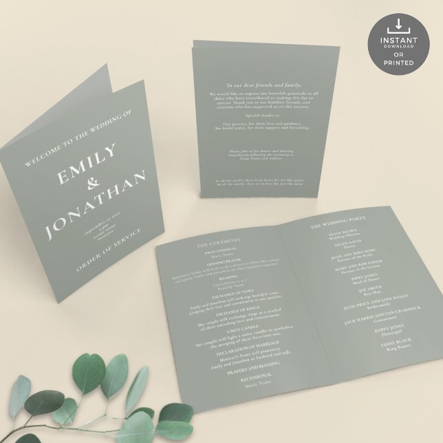 Printable Sage Church Folded Wedding Program Card (Views of front and back and inside)