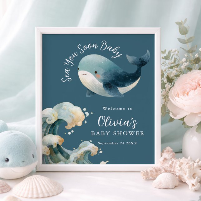 Printable Sea You Soon Whale Baby Shower Turquoise Poster (Creator Uploaded)